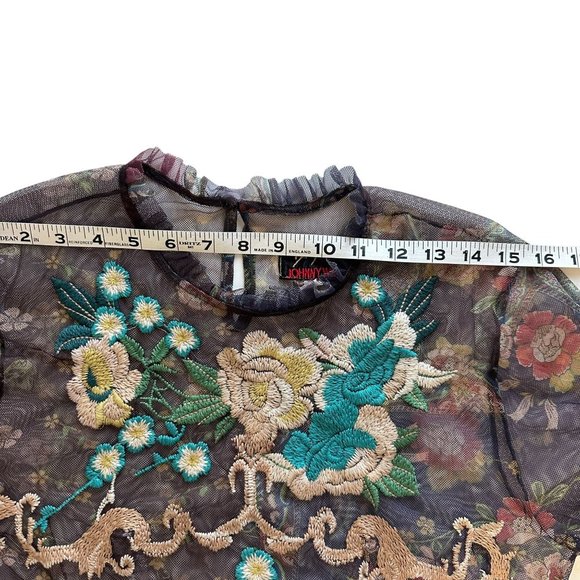 Johnny Was MEDIUM Renley Floral Embroidered Sheer Ruffle 3/4 Length Sleeve Top - Picture 7 of 12